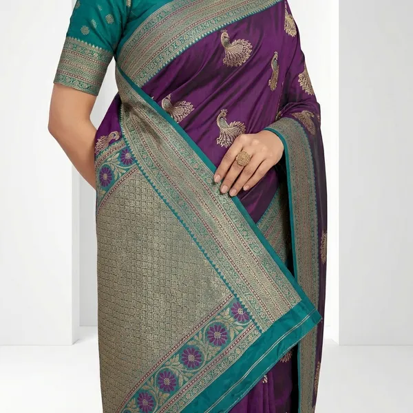 Purple_Banarasi_Silk_Saree_With_Golden_Peacock_Motifs_And_Turquoise_Border