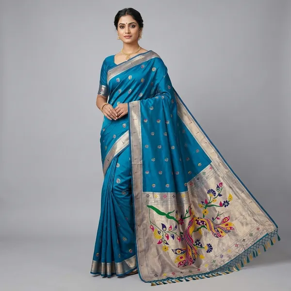 Blue_Paithani_Silk_Saree_With_Peacock_Border_And_Meena_Booti_Work
