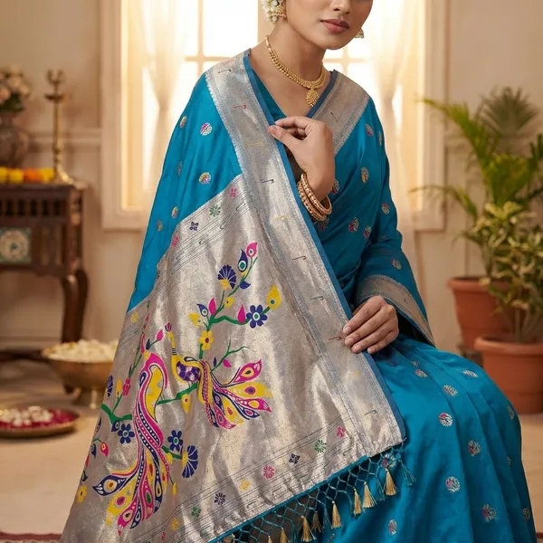 Blue_Paithani_Silk_Saree_With_Peacock_Border_And_Meena_Booti_Work