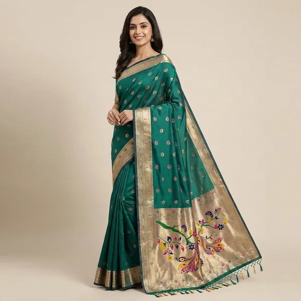 Elegant_Teal_Paithani_Silk_Saree_With_Peacock_Border_And_Motifs
