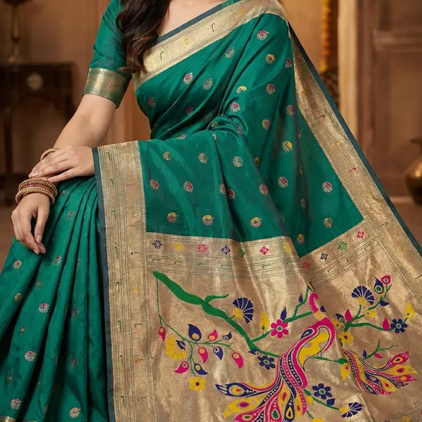 Elegant_Teal_Paithani_Silk_Saree_With_Peacock_Border_And_Motifs