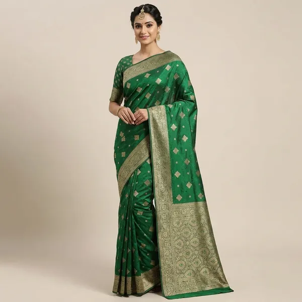 Green_Banarasi_Silk_Saree_With_Golden_Zari_Weave_And_Floral_Motifs