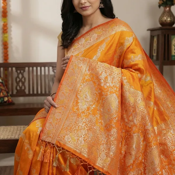 Orange_Silk_Saree_With_Golden_Zari_Border_And_Peacock_Motifs