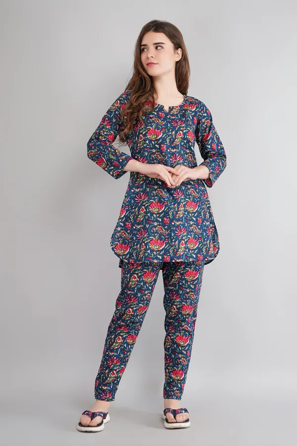 Teal_Blue_Floral_Printed_Short_Kurti_With_Pyjama_Set__For_Girls