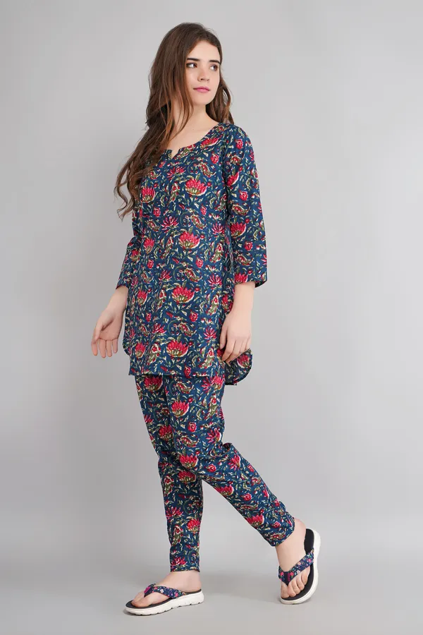 Teal_Blue_Floral_Printed_Short_Kurti_With_Pyjama_Set__For_Girls