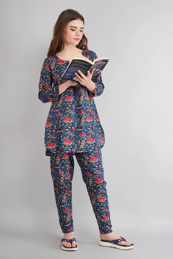 Teal_Blue_Floral_Printed_Short_Kurti_With_Pyjama_Set__For_Girls
