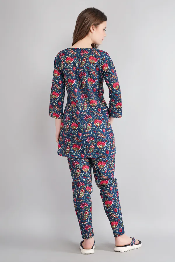 Teal_Blue_Floral_Printed_Short_Kurti_With_Pyjama_Set__For_Girls
