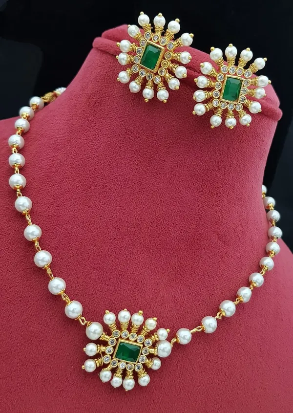 White_beads_green_stone_choker_with_earring_for_women