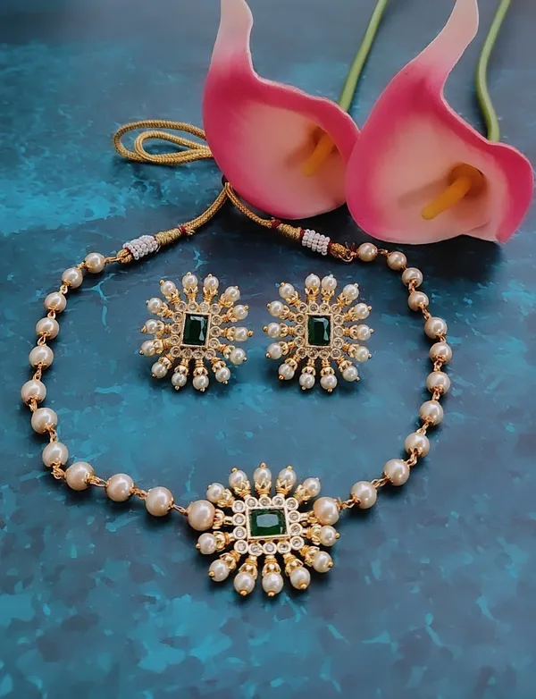 White_beads_green_stone_choker_with_earring_for_women