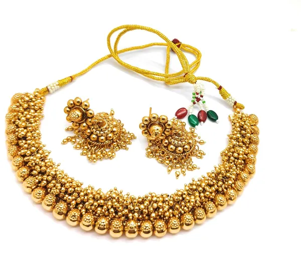 Gold_Antique_Beads_Necklace_With_Jhumka_Set__For_Women