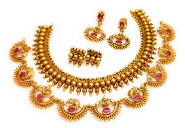 Gold_&_Red_Antique_Stone_Necklace_With_Earrings_Combo_For_Women