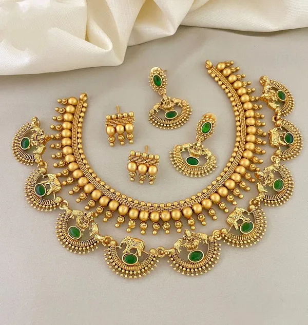 Combo_of_2_Necklace_and_2_Earrings_Antique_Green_and_Gold_Multi_Stone_Necklace_For_Women