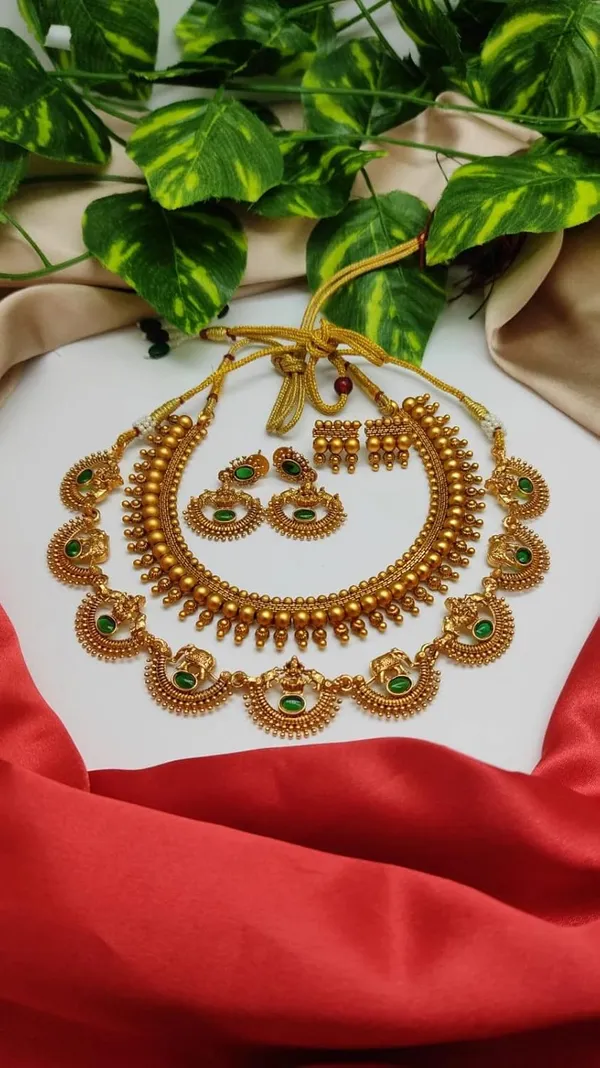Combo_of_2_Necklace_and_2_Earrings_Antique_Green_and_Gold_Multi_Stone_Necklace_For_Women