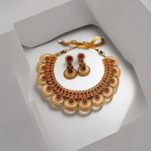 Gold_&_Red_Traditional_Antique_Red_Stone_Necklace_With_Earrings_For_Women