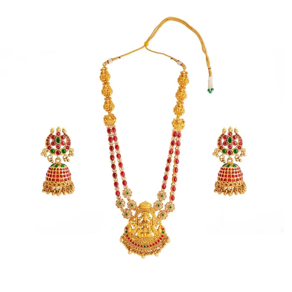 Multicolor_Traditional_Antique_Lakshmi_Long_Haram_With_Jhumkas_For_Women