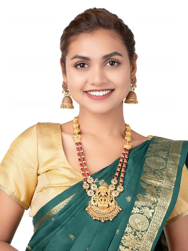 Multicolor_Traditional_Antique_Lakshmi_Long_Haram_With_Jhumkas_For_Women