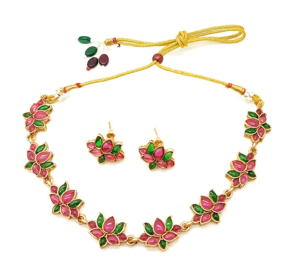 Red_Antique_Lotus_Multi_Necklace_With_Earrings_Set_For_Women