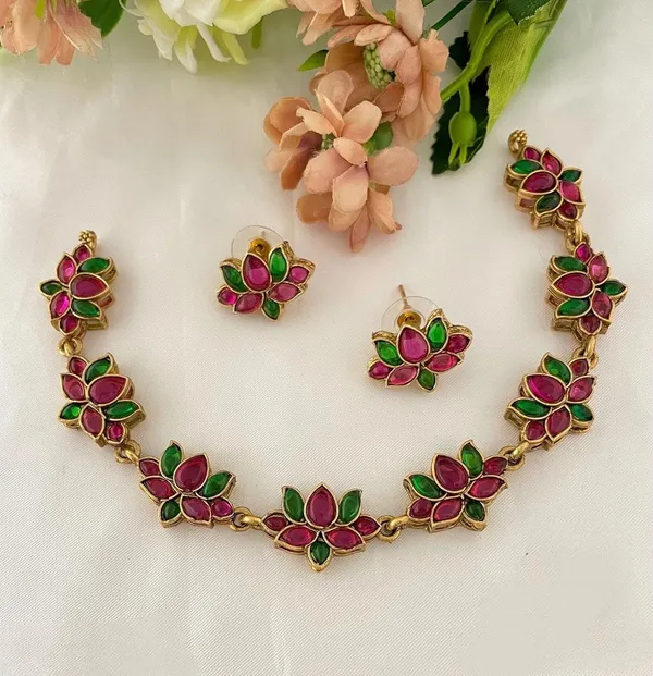 Red_Antique_Lotus_Multi_Necklace_With_Earrings_Set_For_Women