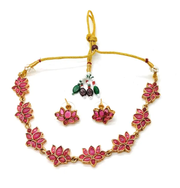 Multicolor_Antique_Lotus_Design_Necklace_With_Earrings_Set_For_Women