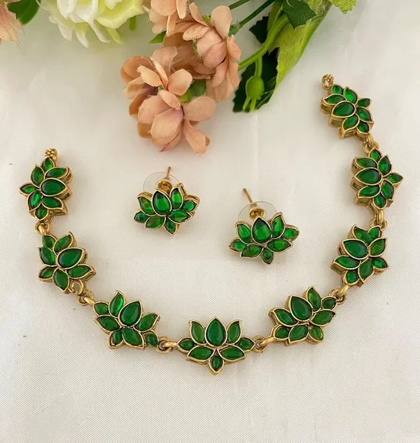 Green_Antique_Lotus_Multi_Necklace_With_Earrings_Set_For_Women