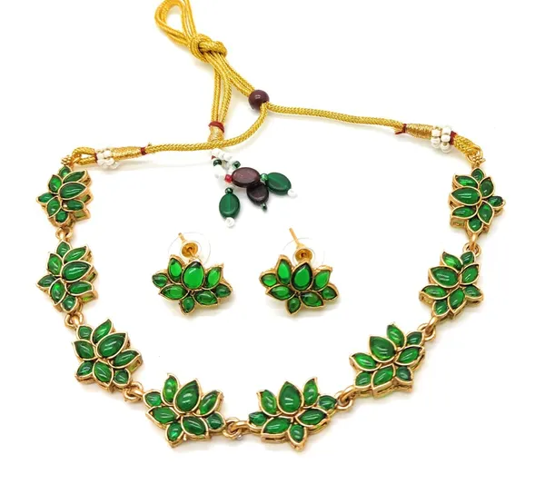 Green_Antique_Lotus_Multi_Necklace_With_Earrings_Set_For_Women