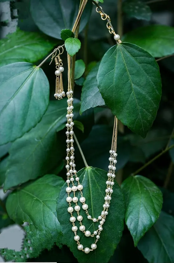 White_Pearl_Step_Chain_With_Matching_Earrings_For_Women