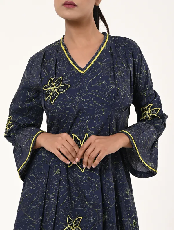 Blue_Cotton_V_Neck_3/4th_Sleeve_Dress_for_Women