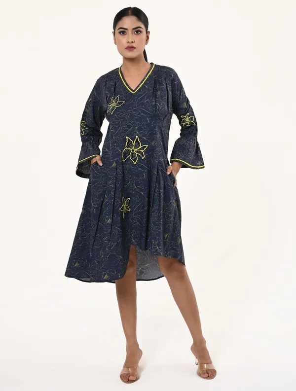 Blue_Cotton_V_Neck_3/4th_Sleeve_Dress_for_Women