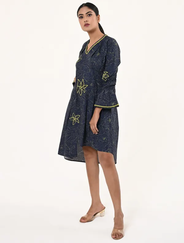 Blue_Cotton_V_Neck_3/4th_Sleeve_Dress_for_Women