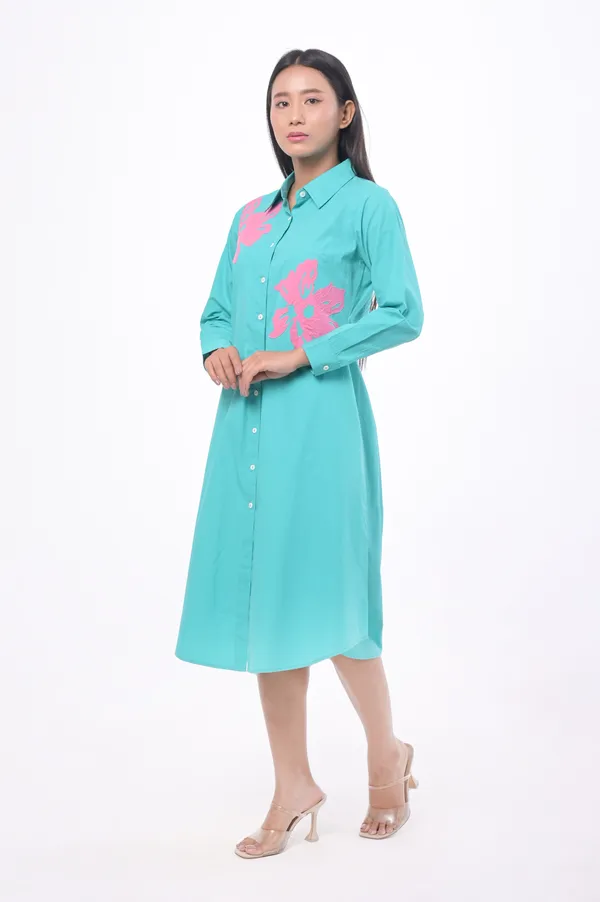 Turquoise_Poplin_Cotton_3/4th_Sleeve_Dress_for_Women