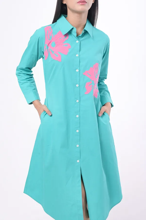 Turquoise_Poplin_Cotton_3/4th_Sleeve_Dress_for_Women