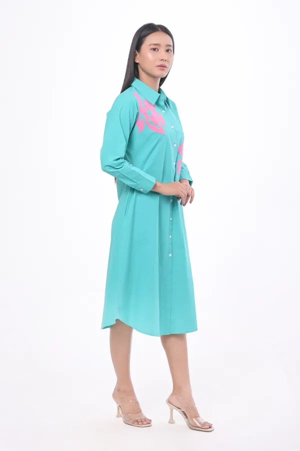 Turquoise_Poplin_Cotton_3/4th_Sleeve_Dress_for_Women