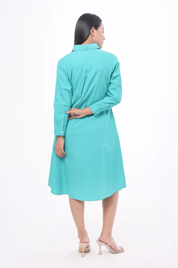 Turquoise_Poplin_Cotton_3/4th_Sleeve_Dress_for_Women
