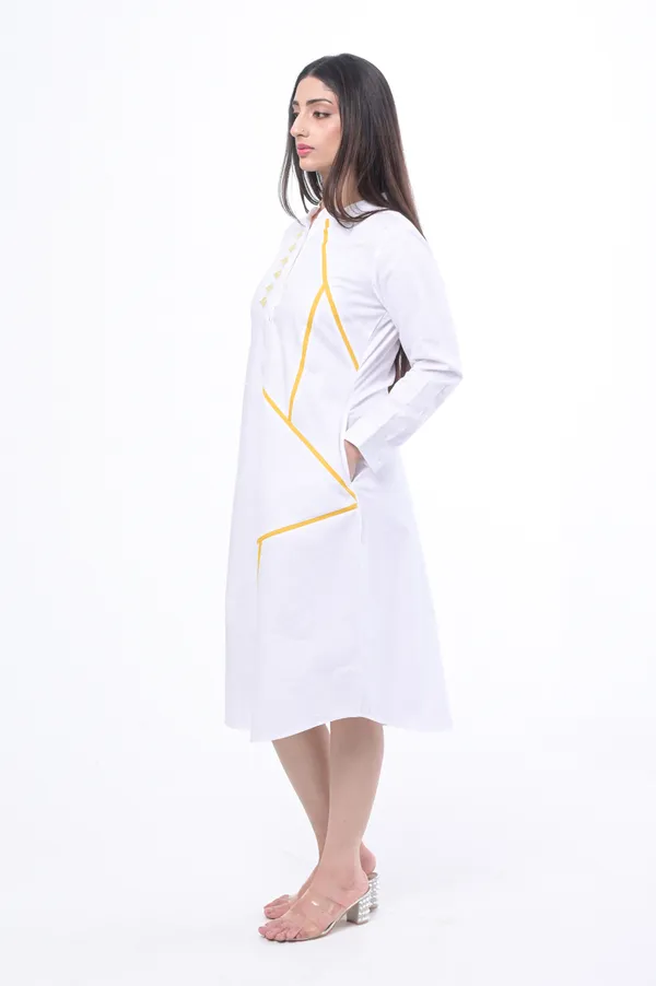White_Poplin_Cotton_Coller_Neck_3/4th_Sleeve_Dress_for_Women