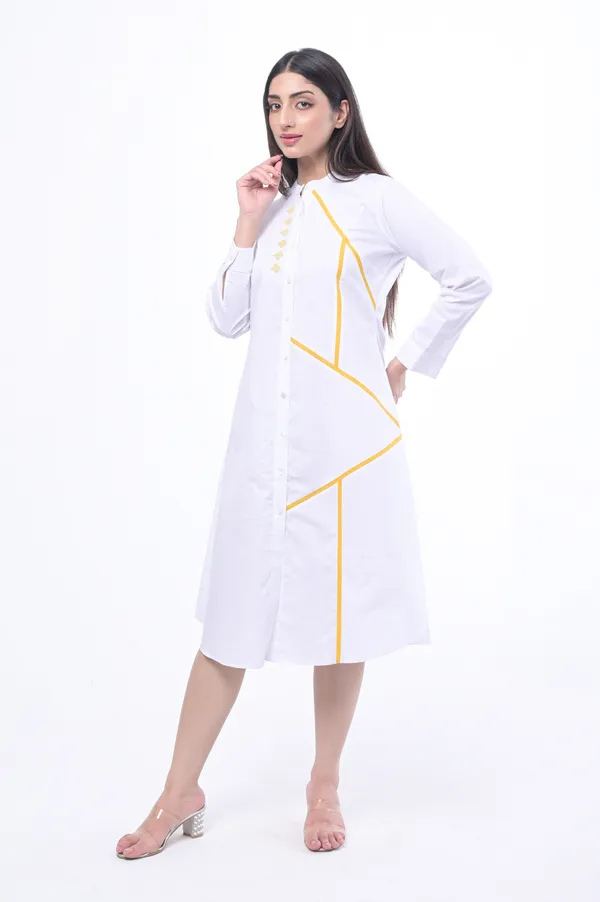 White_Poplin_Cotton_Coller_Neck_3/4th_Sleeve_Dress_for_Women