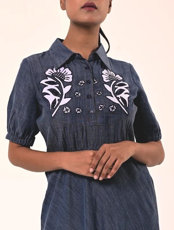 Blue_Tencel_Denim_Coller_Neck_Half_Sleeve_Dress_for_Women