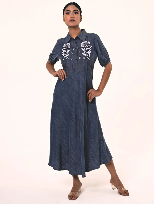 Blue_Tencel_Denim_Coller_Neck_Half_Sleeve_Dress_for_Women