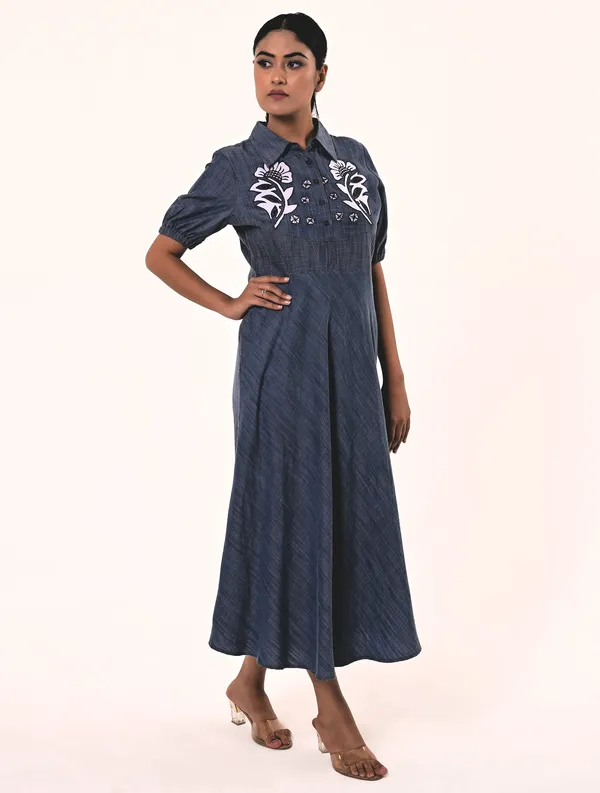 Blue_Tencel_Denim_Coller_Neck_Half_Sleeve_Dress_for_Women