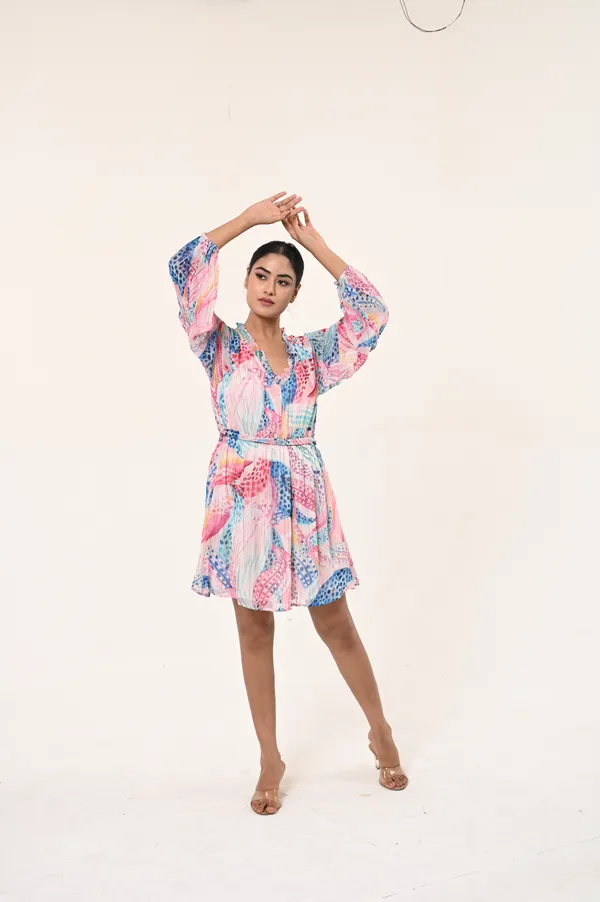 Multicolor_Viscose_&_Lurex_V_Neck_Full_Sleeves_Dress_For_Women