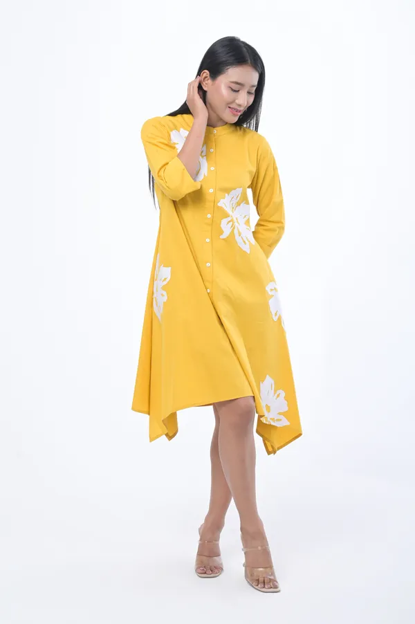 Yellow_Poplin_Cotton_Coller_Neck_3/4th_Sleeve_Dress_for_Women