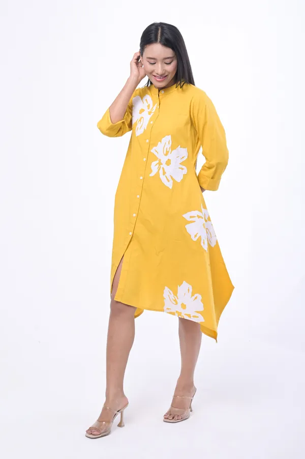 Yellow_Poplin_Cotton_Coller_Neck_3/4th_Sleeve_Dress_for_Women