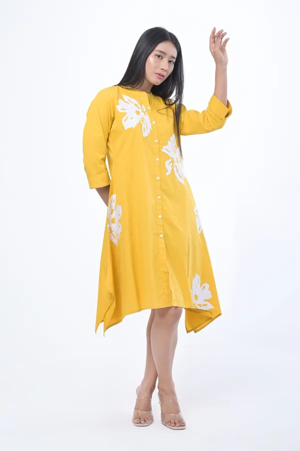 Yellow_Poplin_Cotton_Coller_Neck_3/4th_Sleeve_Dress_for_Women