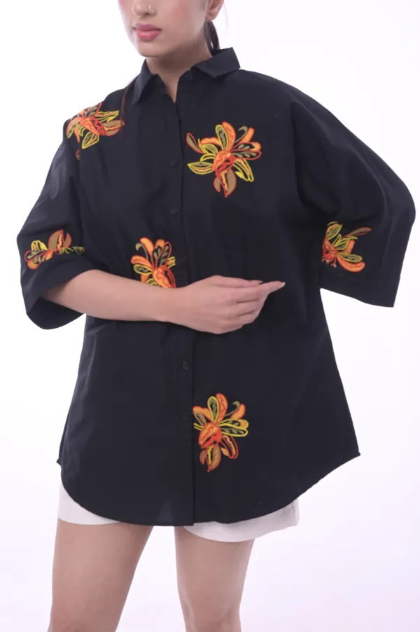 Black_Poplin_Cotton_Coller_Neck_Half_Sleeve_Shirt_for_Women