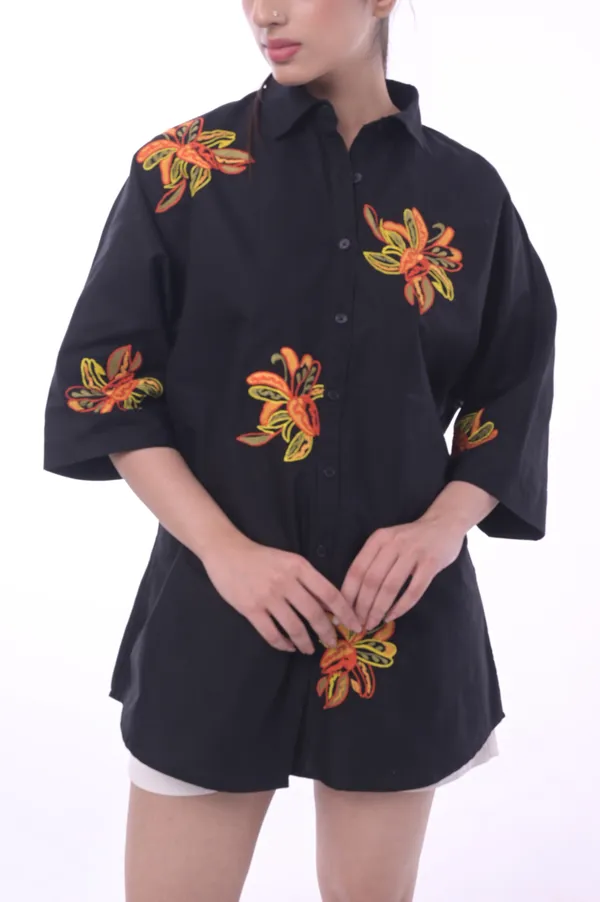 Black_Poplin_Cotton_Coller_Neck_Half_Sleeve_Shirt_for_Women