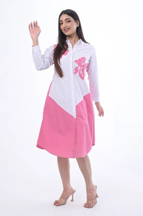 Pink_Poplin_Cotton_Coller_Neck_3/4th_Sleeve_Dress_for_Women