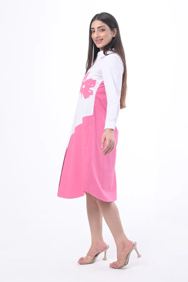 Pink_Poplin_Cotton_Coller_Neck_3/4th_Sleeve_Dress_for_Women