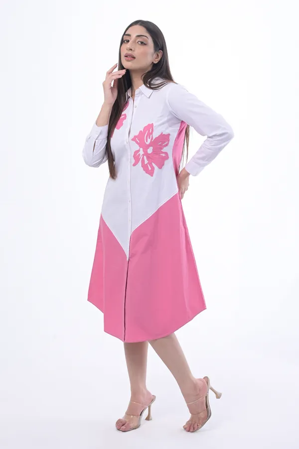 Pink_Poplin_Cotton_Coller_Neck_3/4th_Sleeve_Dress_for_Women