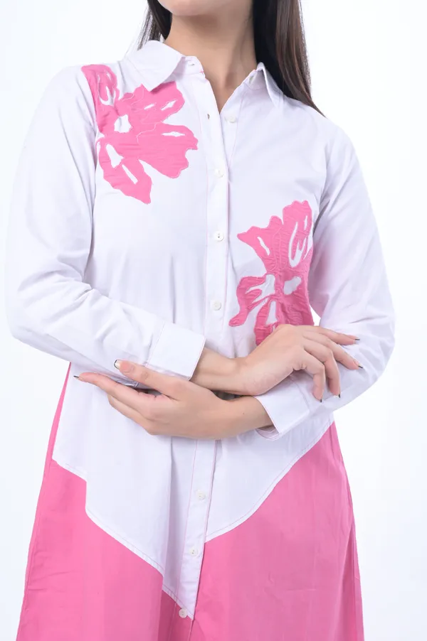 Pink_Poplin_Cotton_Coller_Neck_3/4th_Sleeve_Dress_for_Women