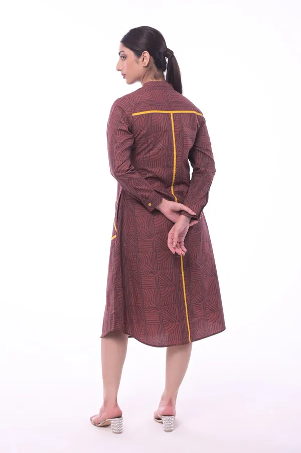 Brown_Poplin_Cotton_Coller_Neck_3/4th_Sleeve_Dress_for_Women