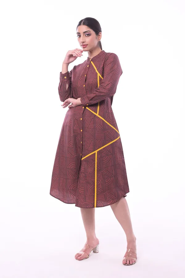 Brown_Poplin_Cotton_Coller_Neck_3/4th_Sleeve_Dress_for_Women